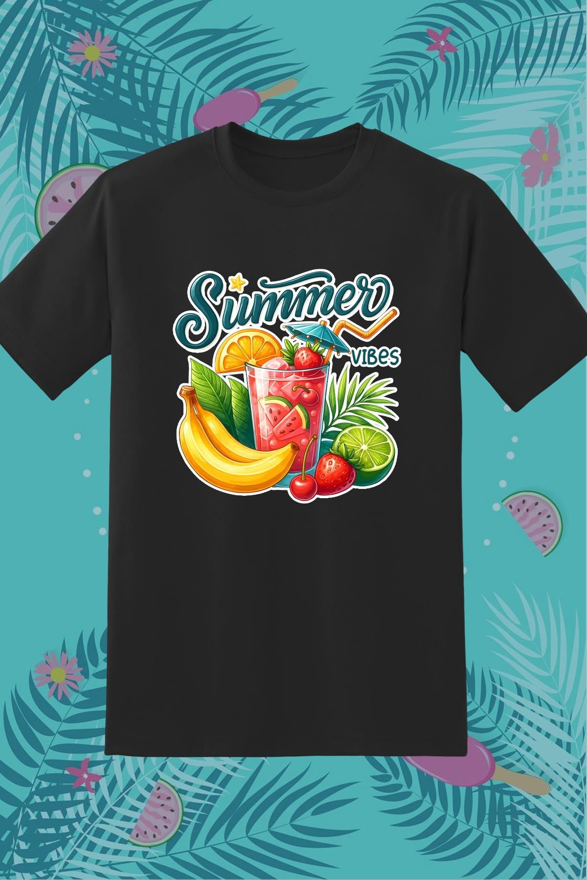 362BASKI Yaz Temalı Summer Vibes Karışık Meyveler Baskılı Tshirt