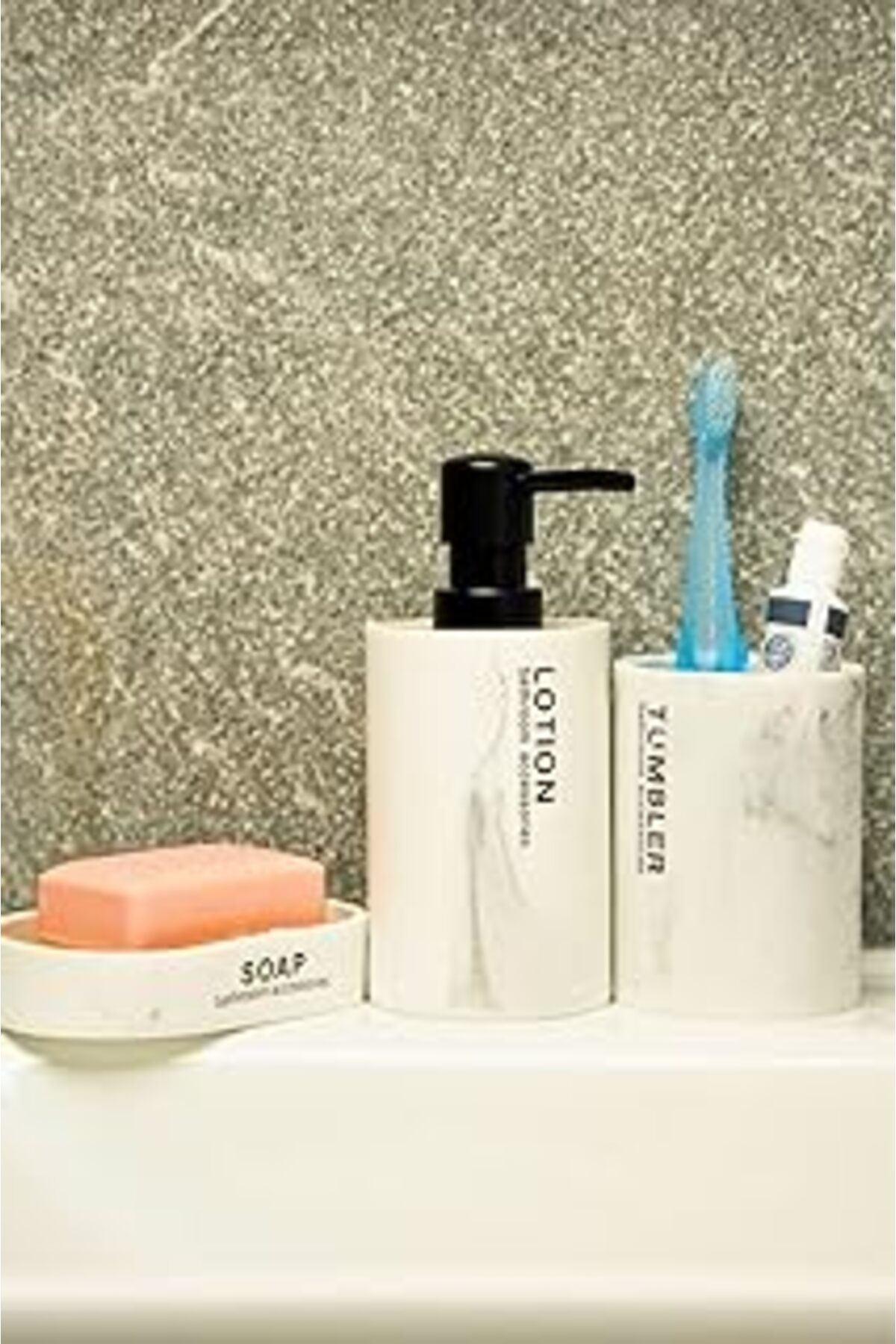 TBSProjects Meturas Mermer Desenli 3'Lü Banyo Aksesuar Seti - Sabunluk, Losyonluk, Diş Fırçalık