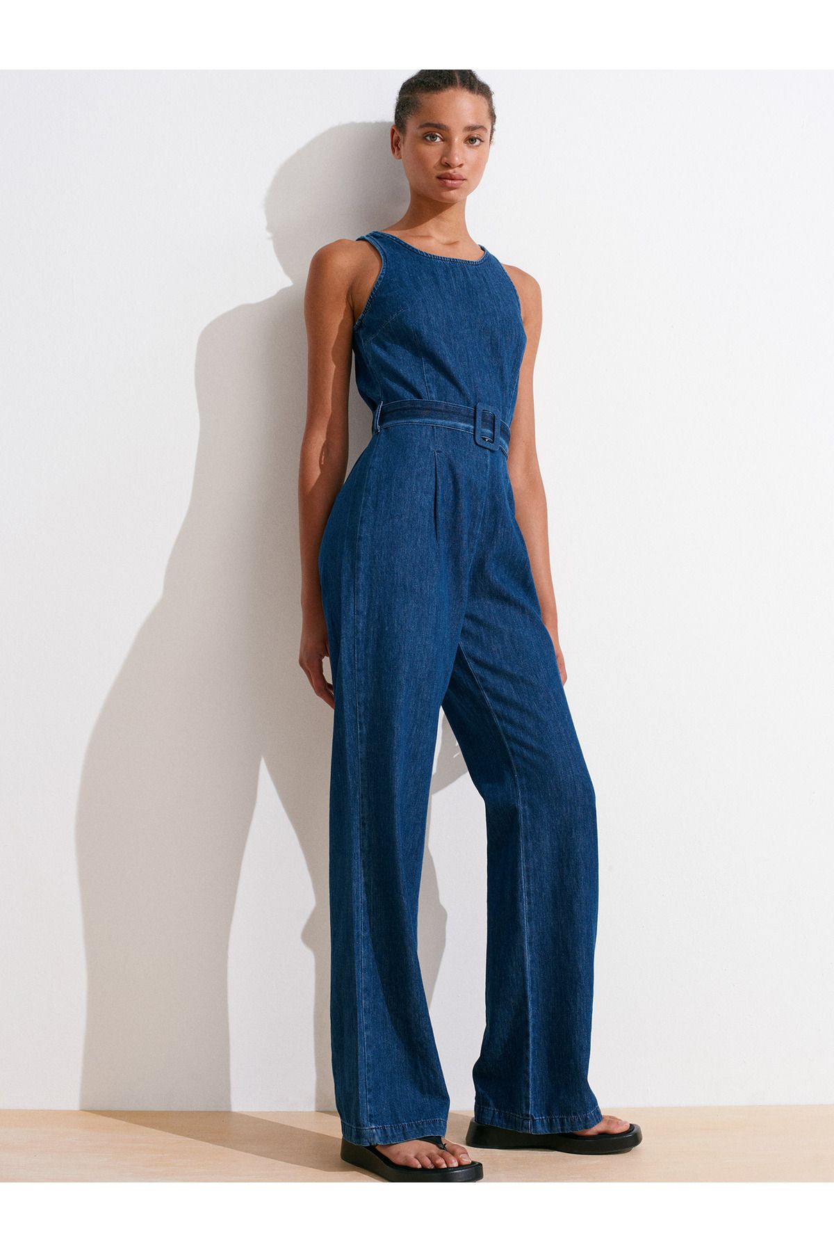 Dilvin 72020 Kemerli Denim Tulum-Lacivert