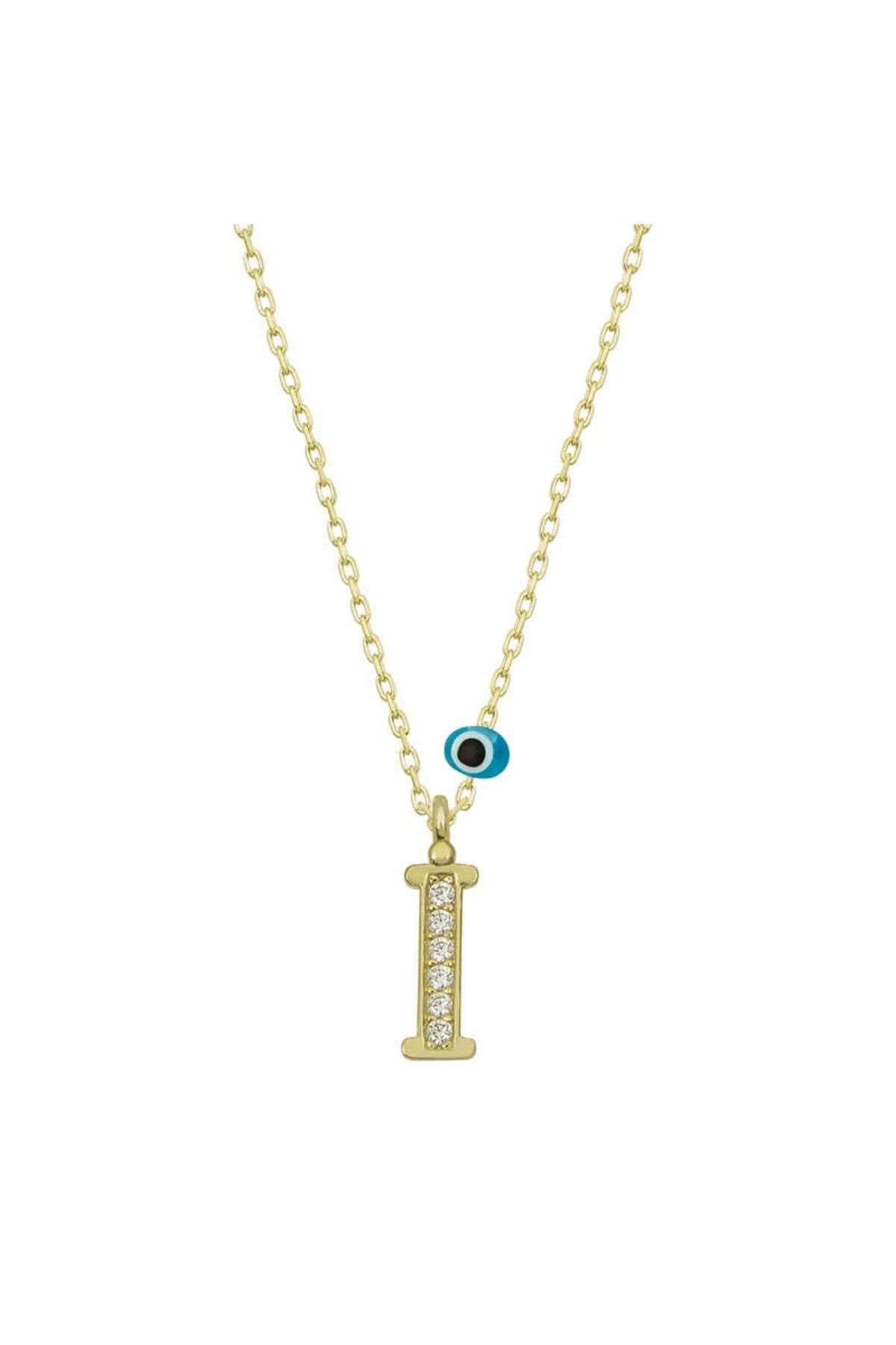 Modafiks 925 Ayar Gümüş Nazar Gold İ Harfi Kadın Gümüş Kolye (T6785) (336336)