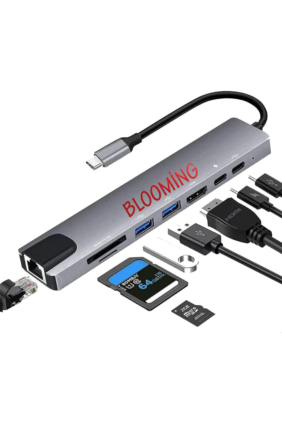 Blooming Plus Macbook Pro Air Usb Type-c Hub Dönüştürücü Alkano Çevirici Çoklayıcı Usb Hdmı Micro Sd 8 Girişli
