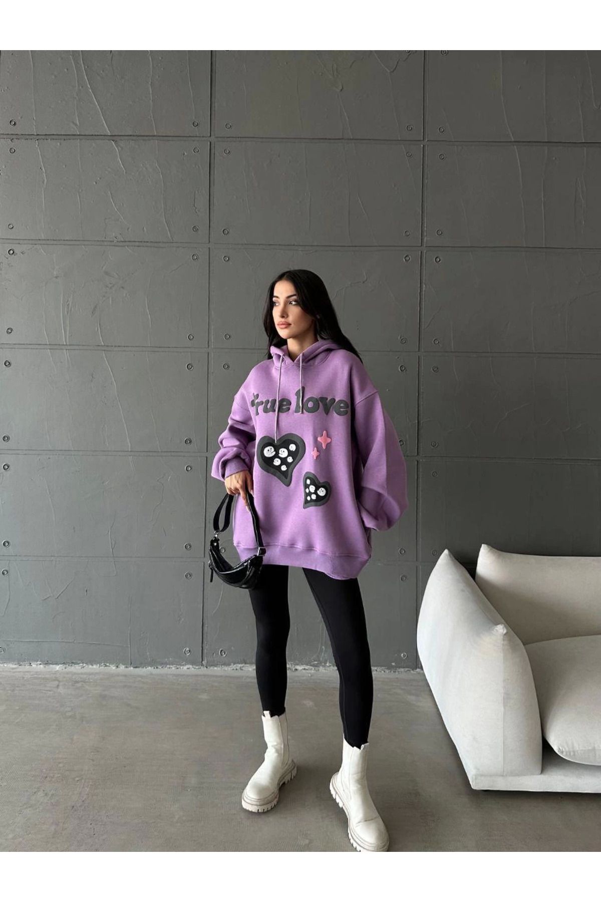 Zerenyus 3 iplik şardonlu oversize compact true baskılı sweat mor