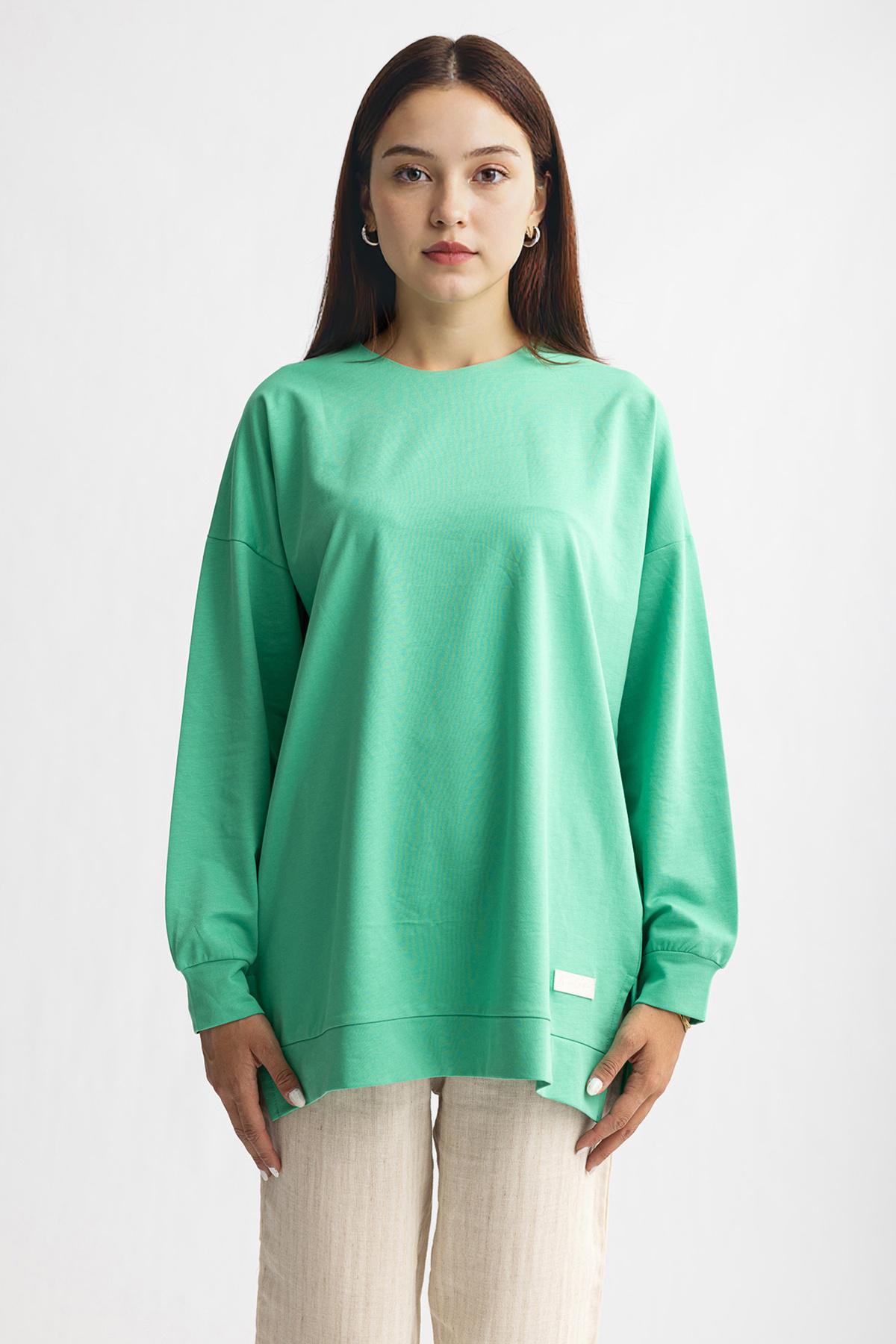 Suede Style 5415 -2 İplik İnce Rahat, Basic Düz Kadın Uzun Sweatshirt görsel 2