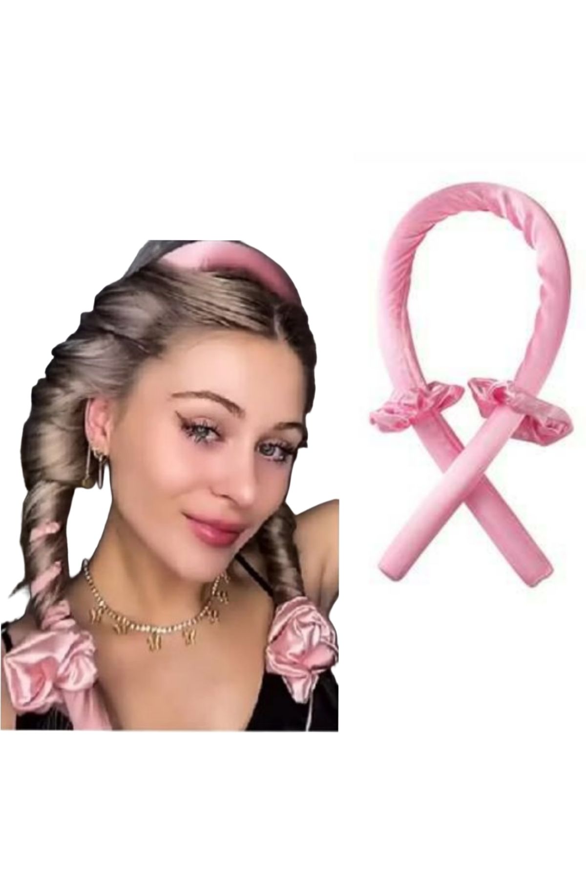 Butik Isısız Saç Şekillendirme setiPembe SatenSaç Bigudisi Seti Saç Şekillendirici 3Parça