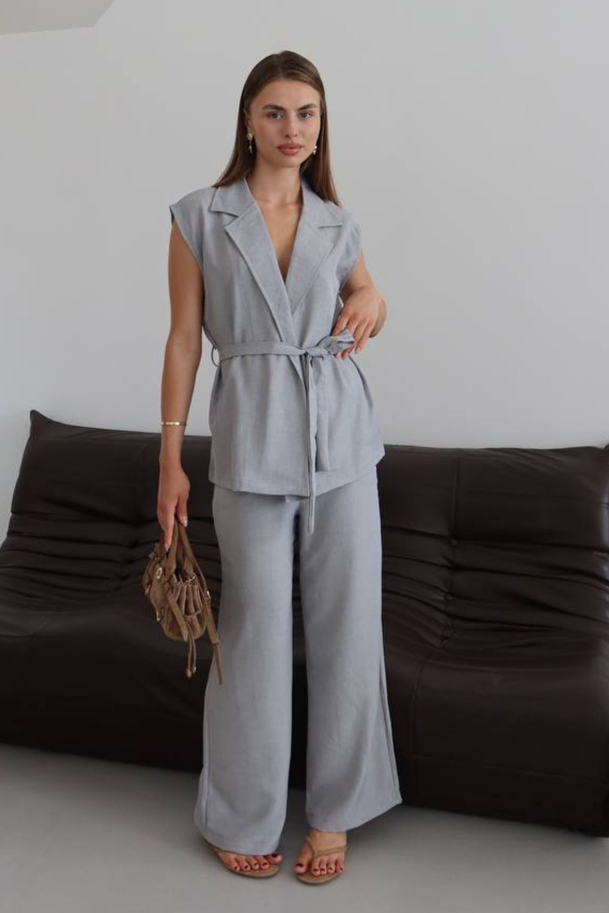Mogi Butik Kadın Kuşaklı Yelek Palazzo Keten Takım 3080