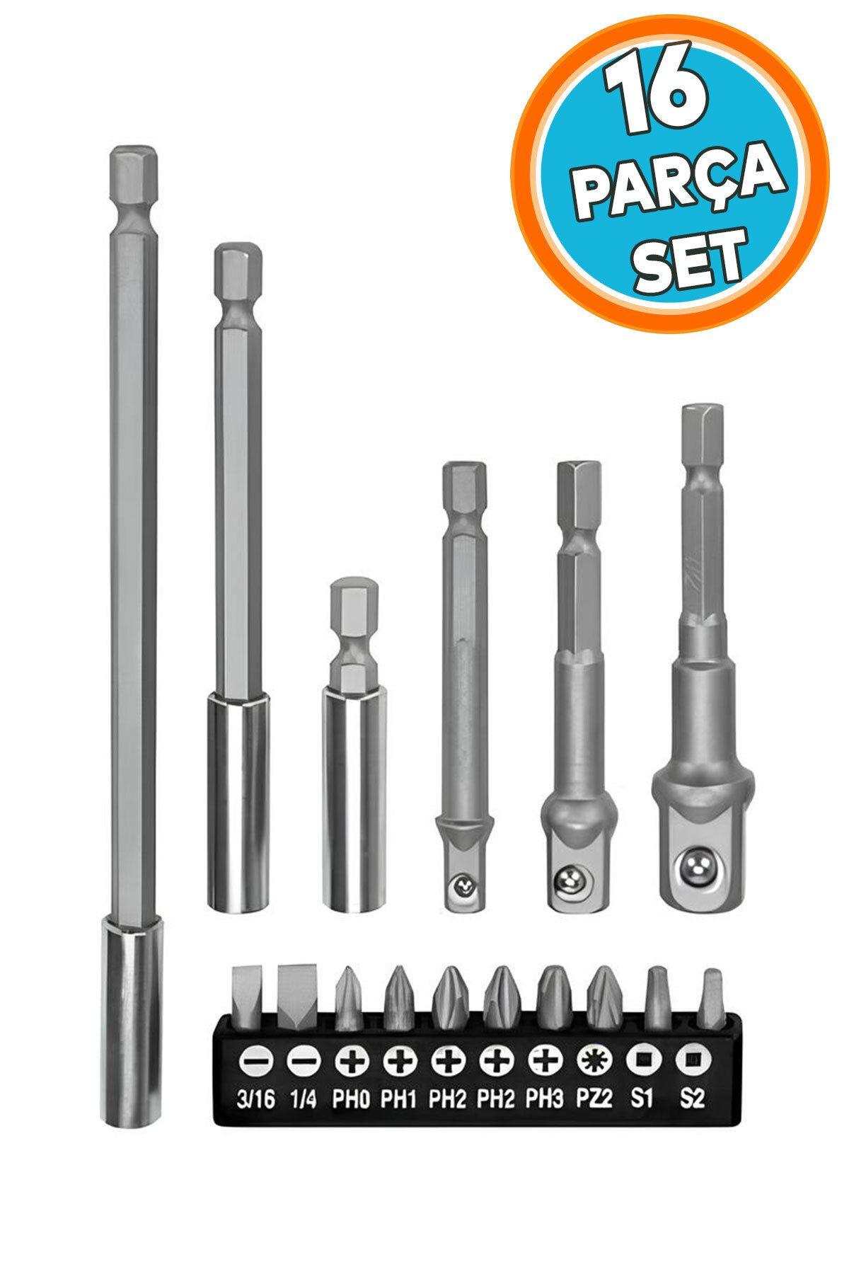 NZB Mıknatıslı Bits Uç Adaptör Seti Matkap Uyumlu 16 Parça 1/4 1/2 3/8 1/4 Yıldız Düz Uçlar S1 S2 PH Uç