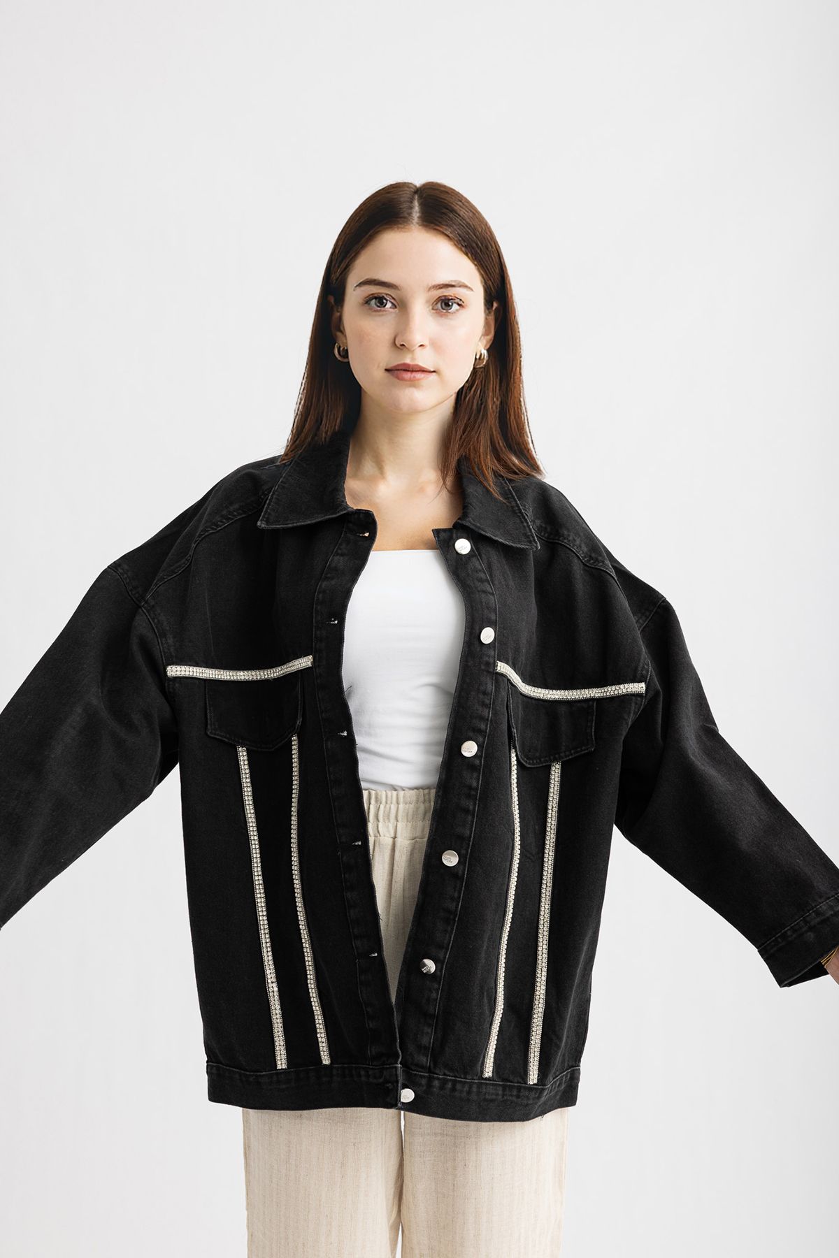 Suede Style 5294 - Kot Yapıştırma Şerit Süslemeli Rahat Şık Kadın Kot Ceket