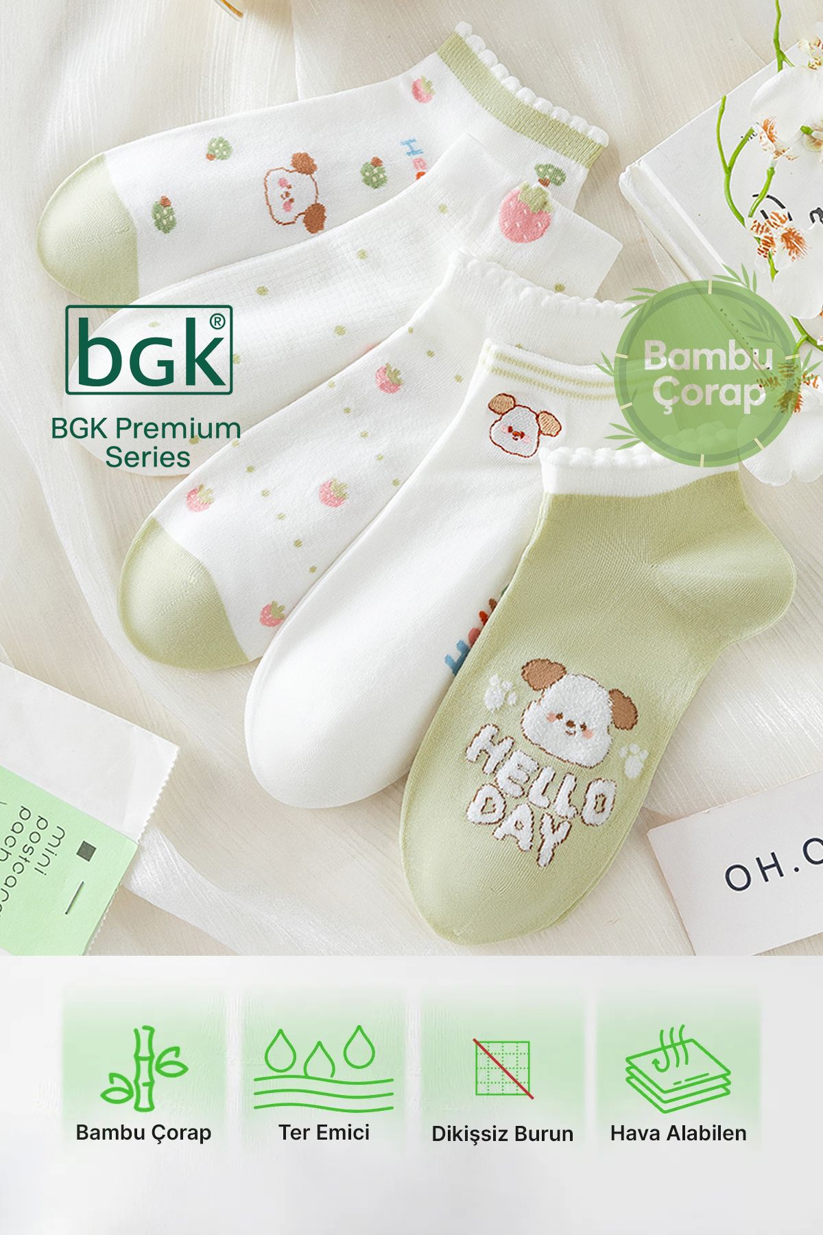 BGK 5 Çift Bambu Desenli Kadın Patik Çorap (Dikişsiz) Premium