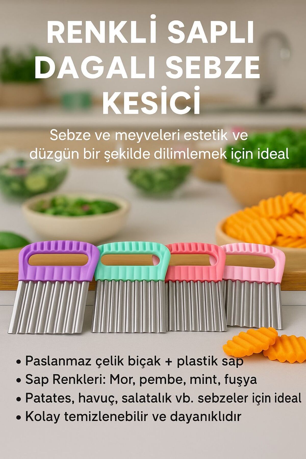 Kelepir Fırsatlar Renkli Saplı Dalgalı Sebze Kesici – Paslanmaz Çelik Crinkle Bıçak