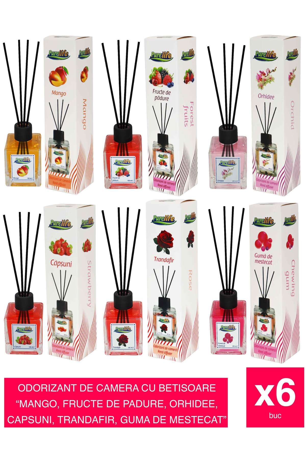 PureLife-Odorizant cameră 120ml – Set 6 Arome: Mango, Fructe, Orhidee, Căpșuni, Trandafir, Gumă 1