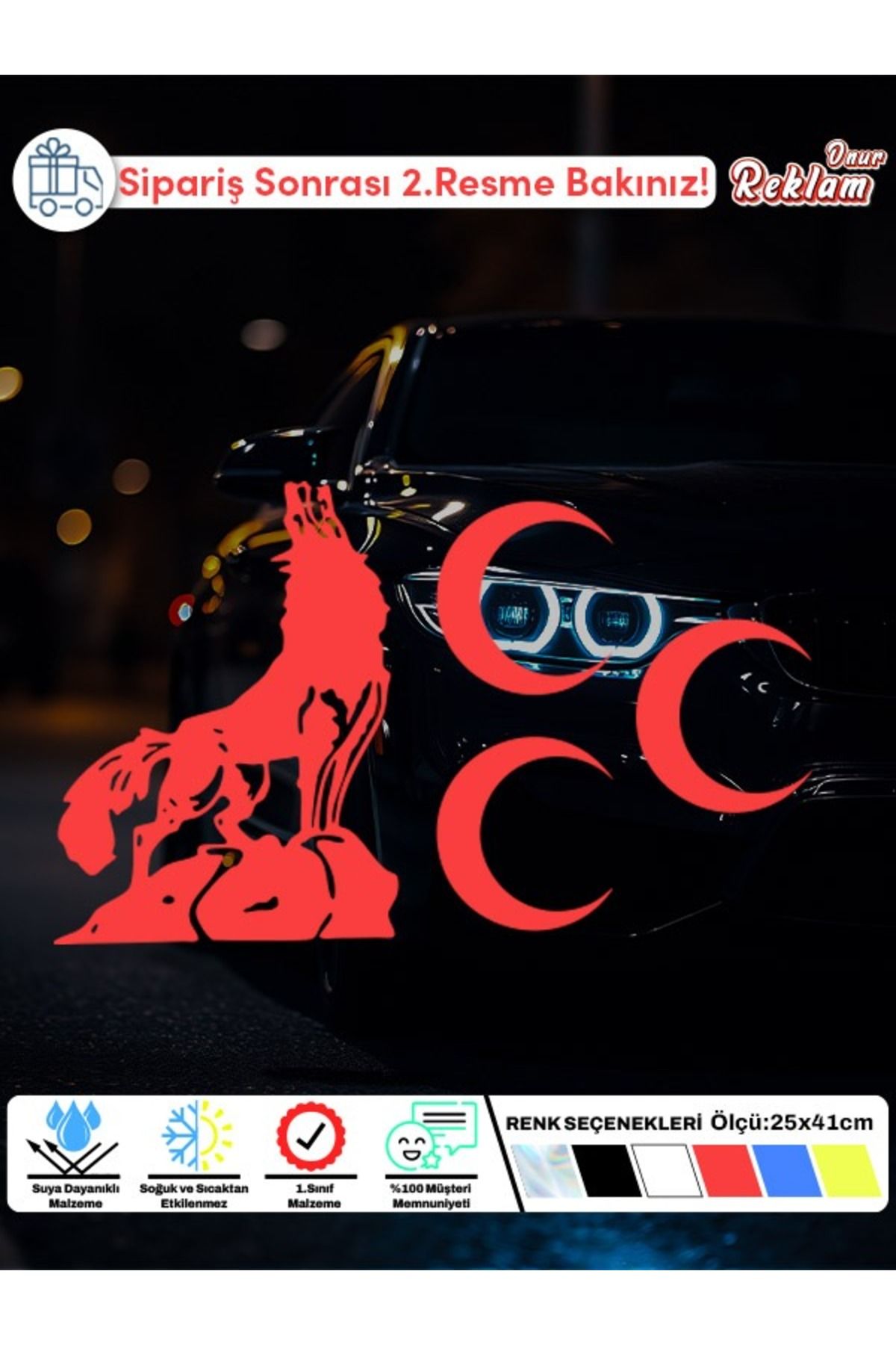 Onur Reklam Bozkurt & Üç Hilal Sticker | 25x41 cm Dış Mekan Araba Stickerı | Renk Seçenekli
