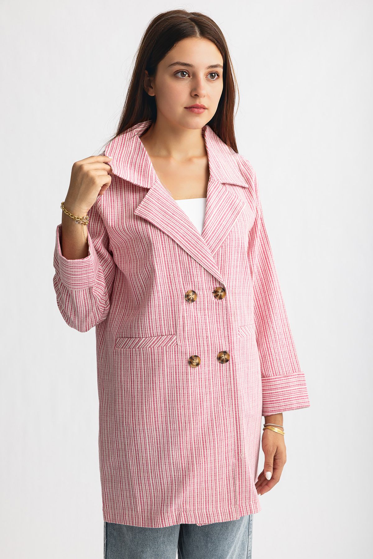 Suede Style 8032 - Rahat Şık Kadın Dokuma Düğmeli Tunik Ceket