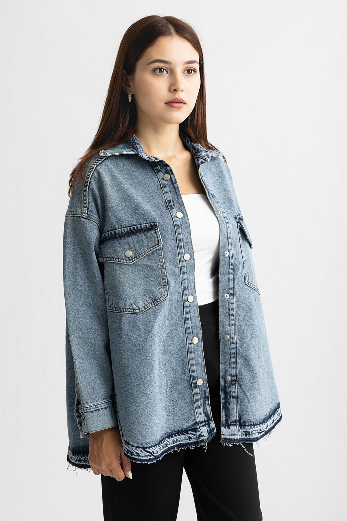 Suede Style 5524 - Saçaklı Çıt Çıt Kapamalı Rahat Şık Kadın Kot Ceket