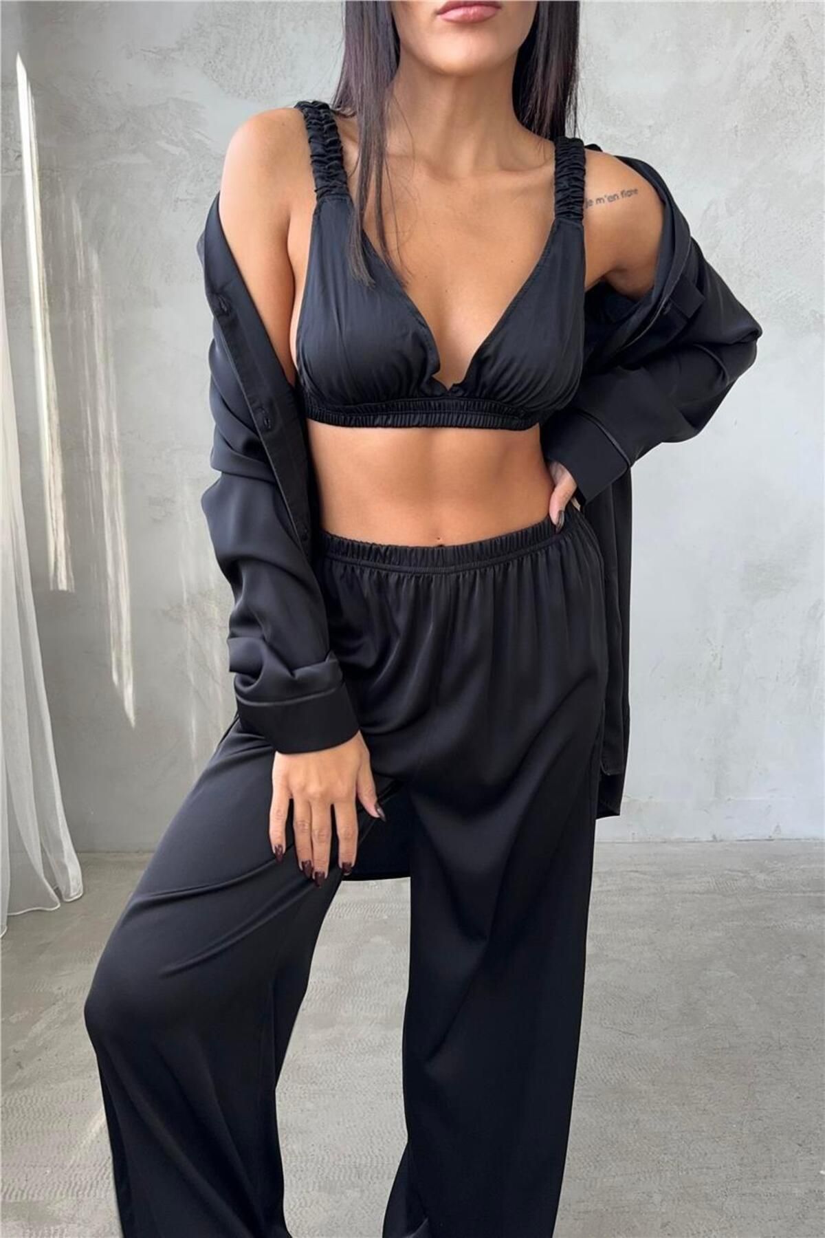 COCCOLARSI Vento Della Notte Siyah Saten Uzun Üçlü Pijama Takımı