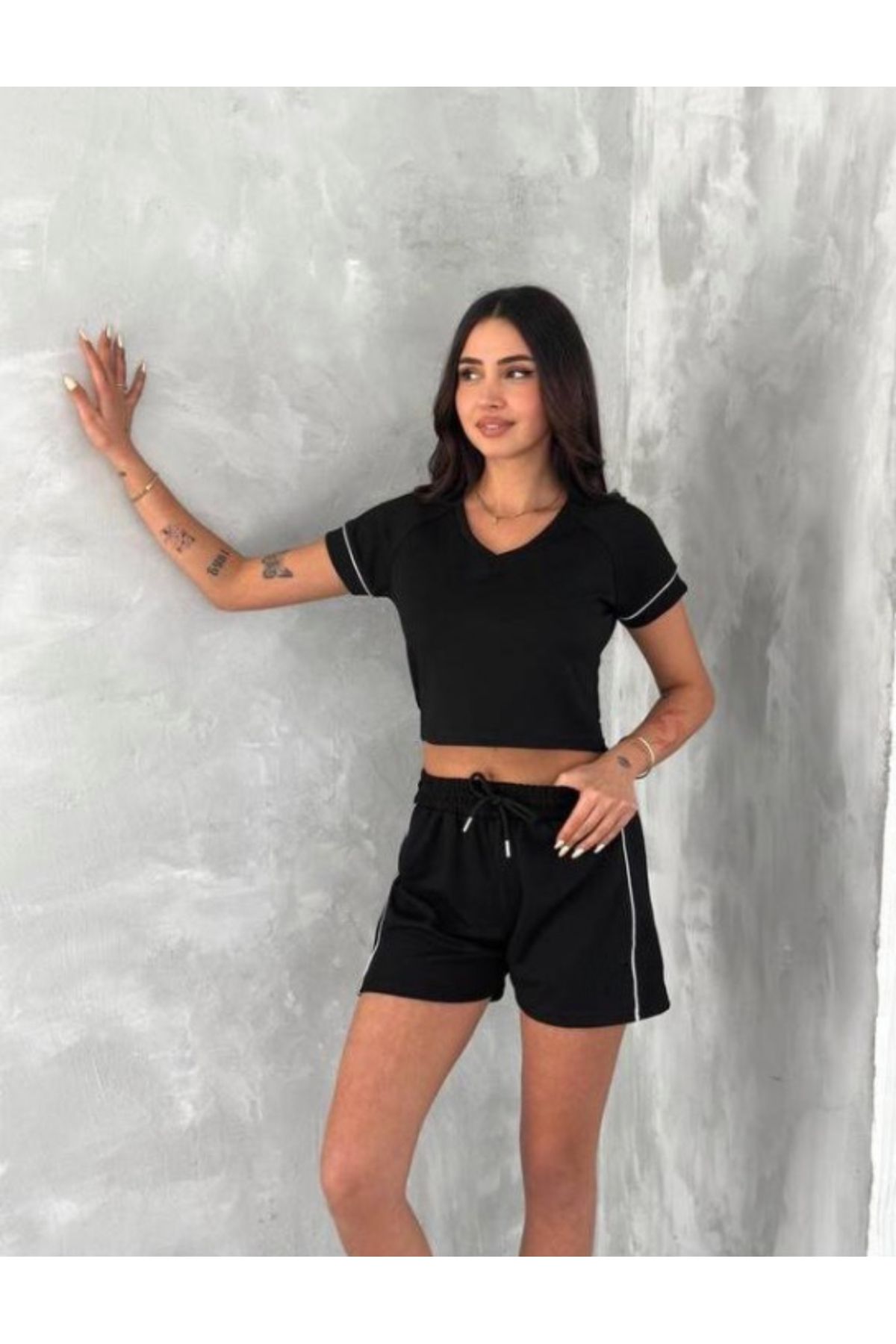 MODA Siyah Ola Crop T-Shirt Şort Takım