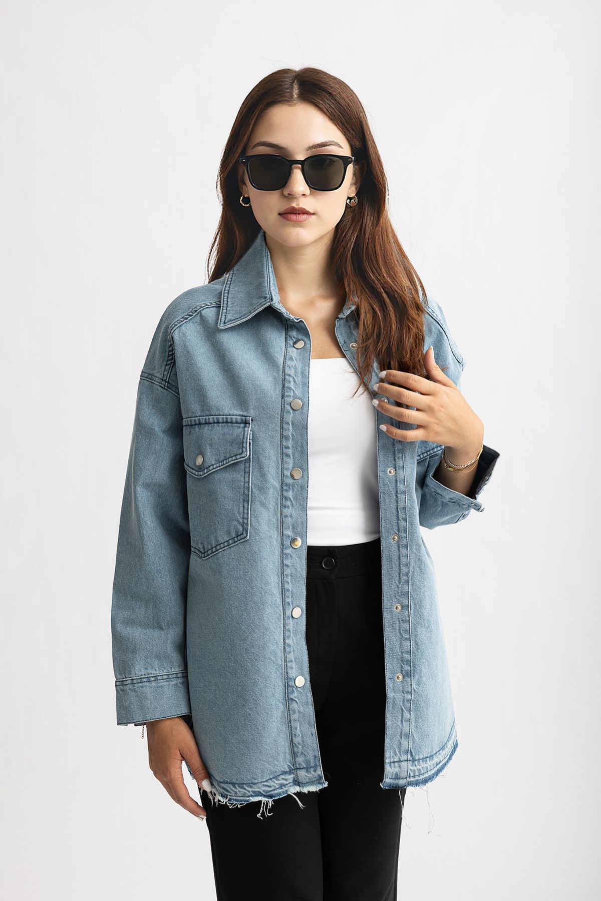 Suede Style 5524 - Saçaklı Çıt Çıt Kapamalı Rahat Şık Kadın Kot Ceket