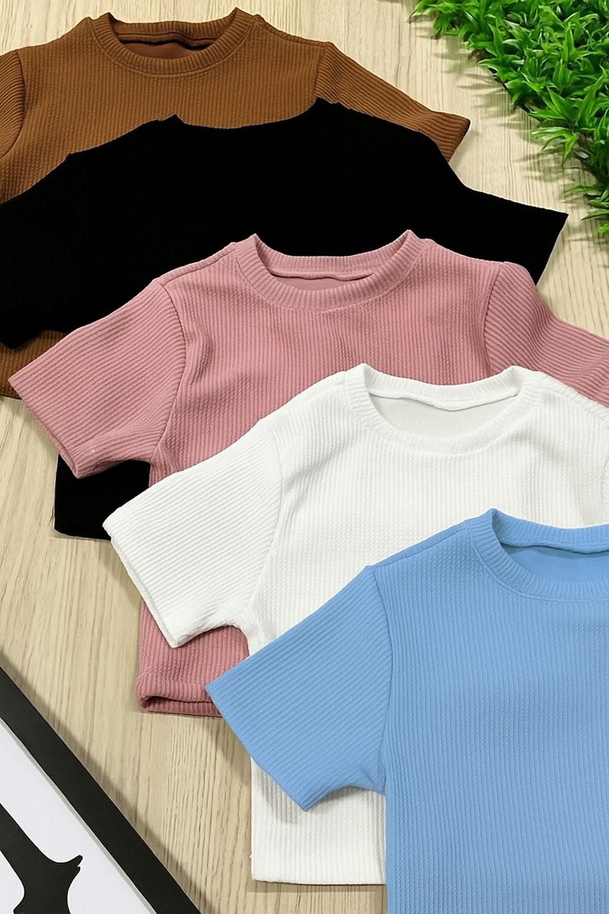 ÖZ PAMUK Kadın 5 li Adet Fitilli Bisiklet Yaka Kaşkorse Crop T-SHİRT