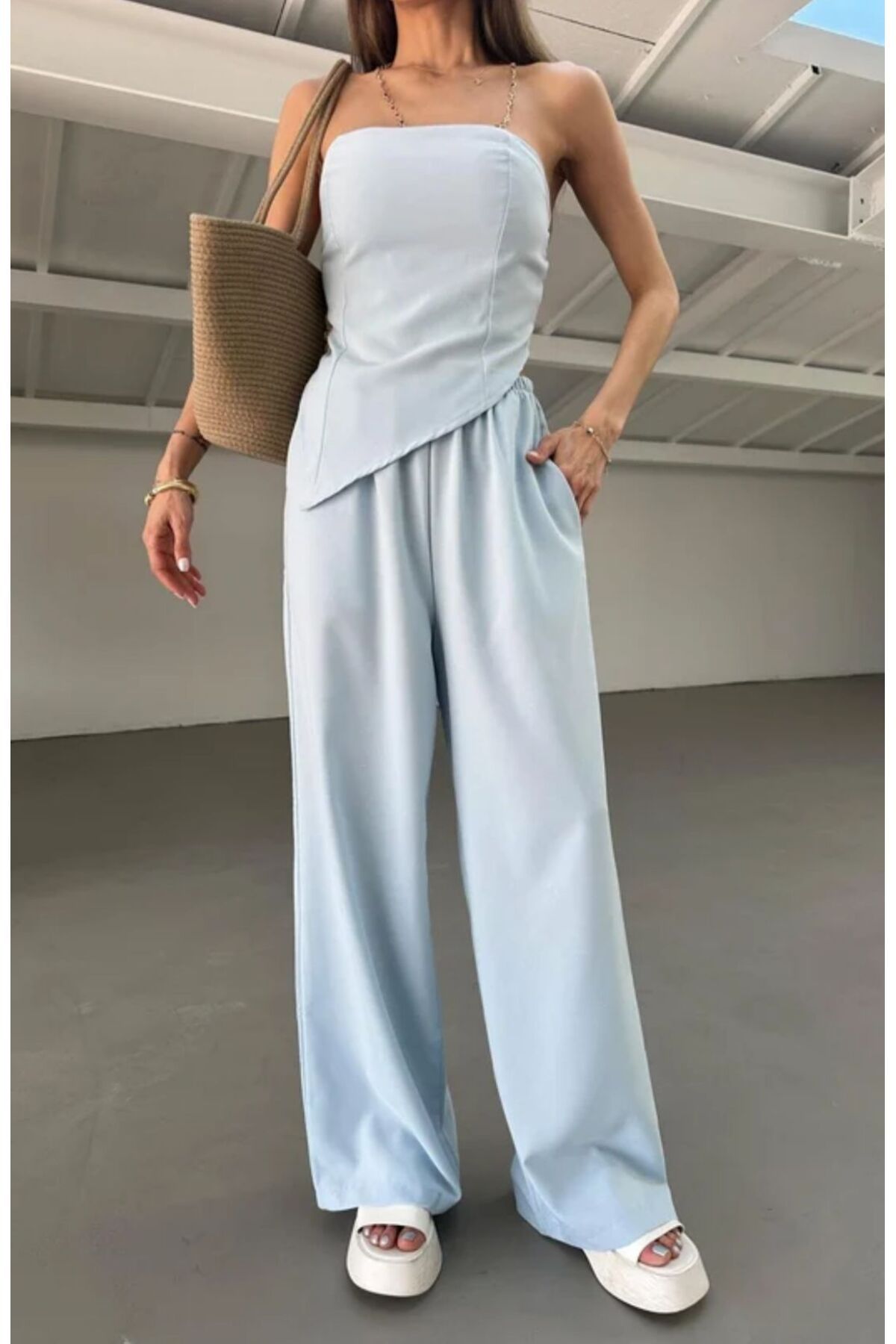 bulutzade KADIN BEBE MAVVİSİ KETEN TAKIM STRAPLEZ ASİMETRİK KESİM BLUZ VE OVERSİZE CEPLİ KETEN PANTOLON TAKIM