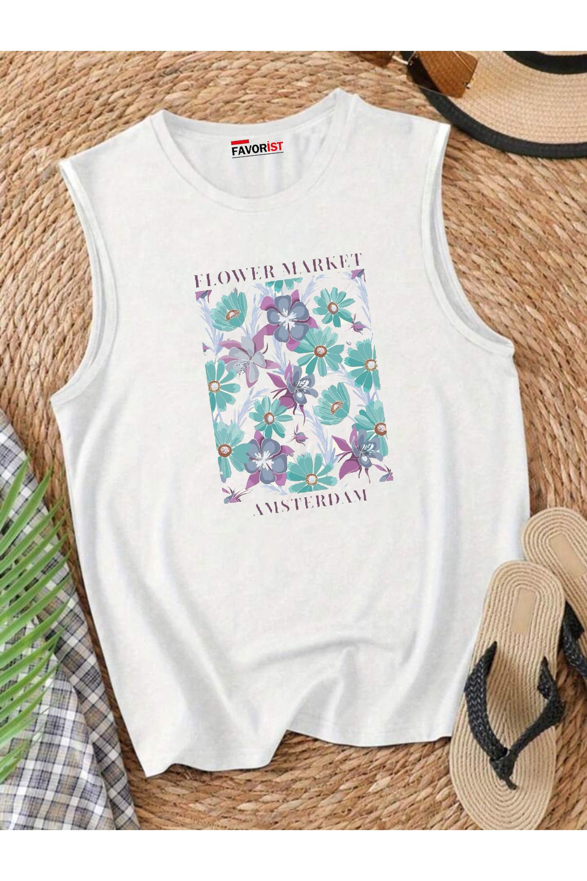 FAVORİST Şehrin Çiçekleri Omuzu Açık Kadın Pamuklu Kolsuz Yazlık T-shirt Atlet