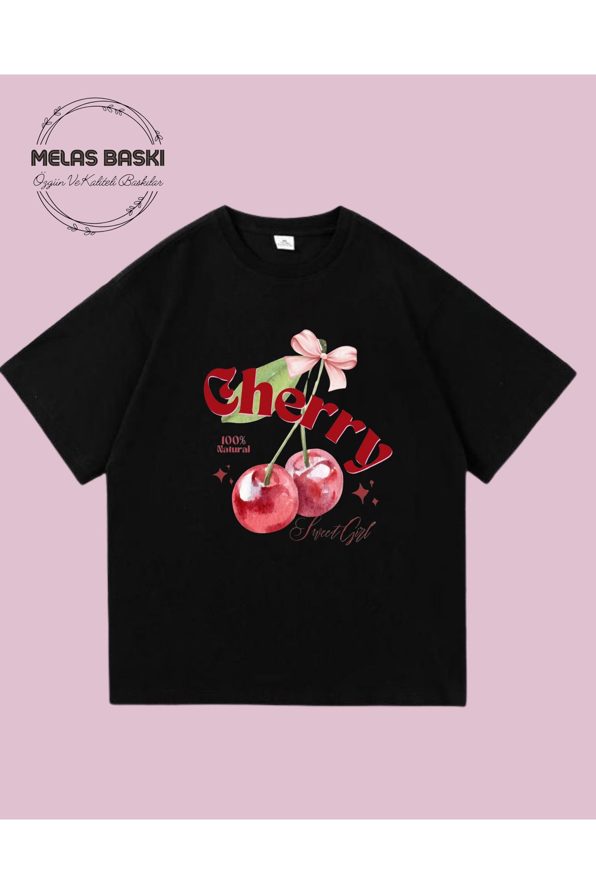 MELAS BASKI Pamuklu Oversize Cherry Baskılı Tişört