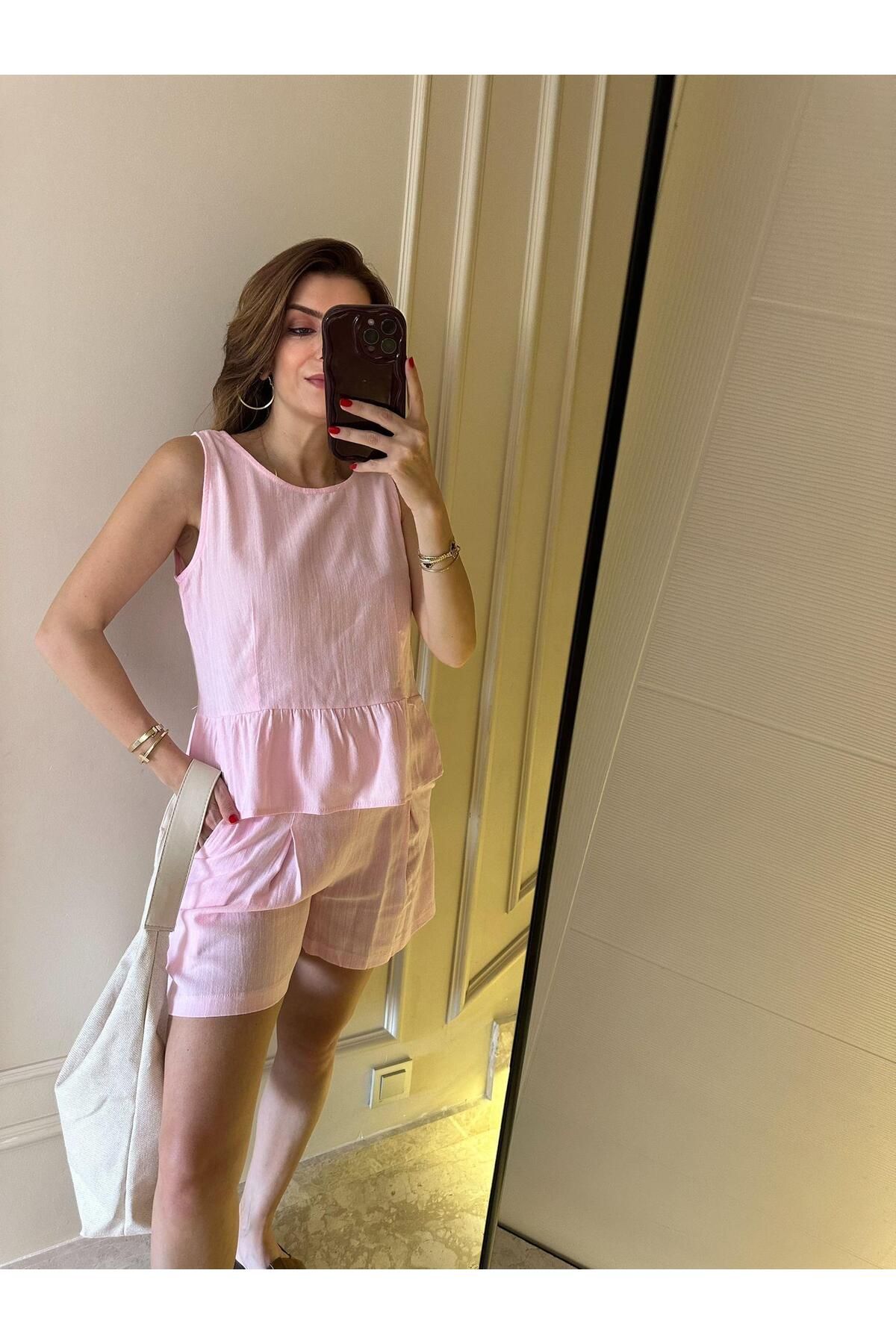 Chamakh Pembe Keten Şort Bluz Takım