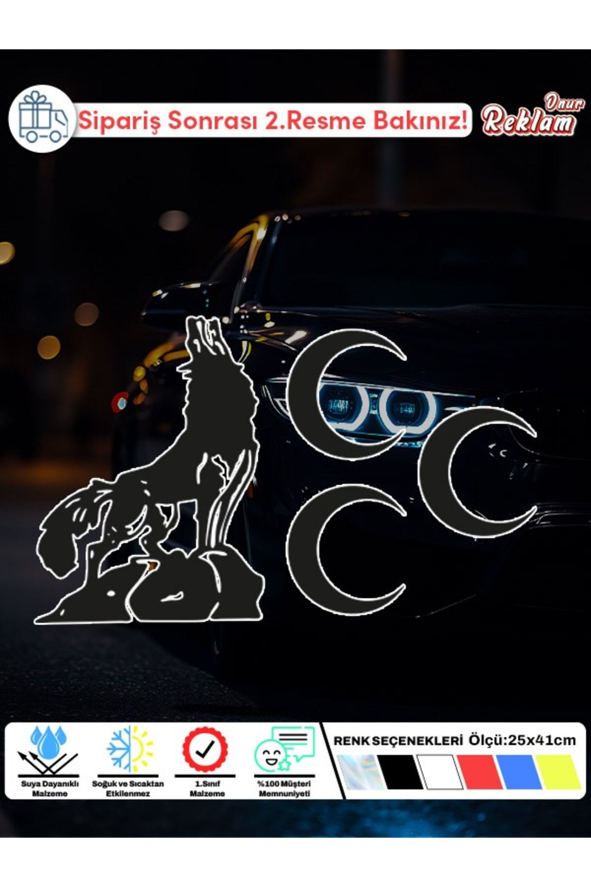 Onur Reklam Bozkurt & Üç Hilal Sticker | 25x41 cm Dış Mekan Araba Stickerı | Renk Seçenekli