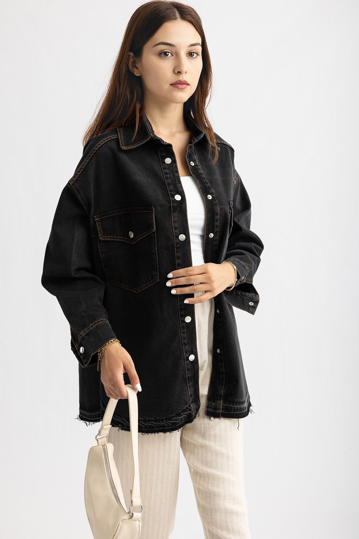 Suede Style 5524 - Saçaklı Çıt Çıt Kapamalı Rahat Şık Kadın Kot Ceket