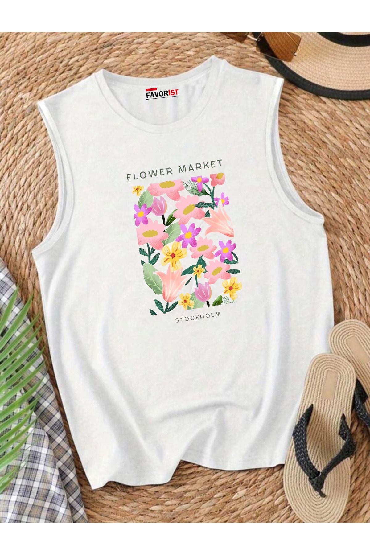 FAVORİST Şehrin Çiçekleri Omuzu Açık Kadın Pamuklu Kolsuz Yazlık T-shirt Atlet
