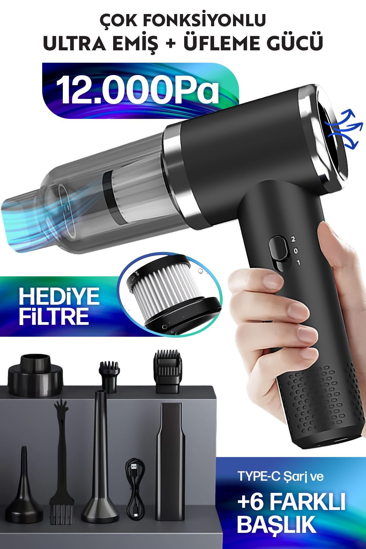 teknotrust 12000Pa Güçlü Vakum 2in1 Kablosuz Araç Süpürgesi ve Hava Üfleyici, 2 Kade