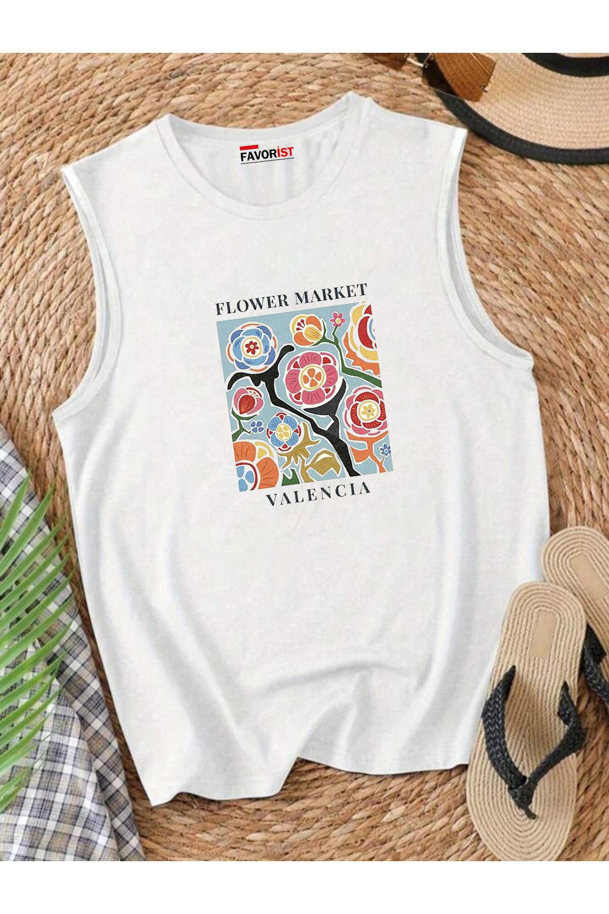 FAVORİST Şehrin Çiçekleri Omuzu Açık Kadın Pamuklu Kolsuz Yazlık T-shirt Atlet