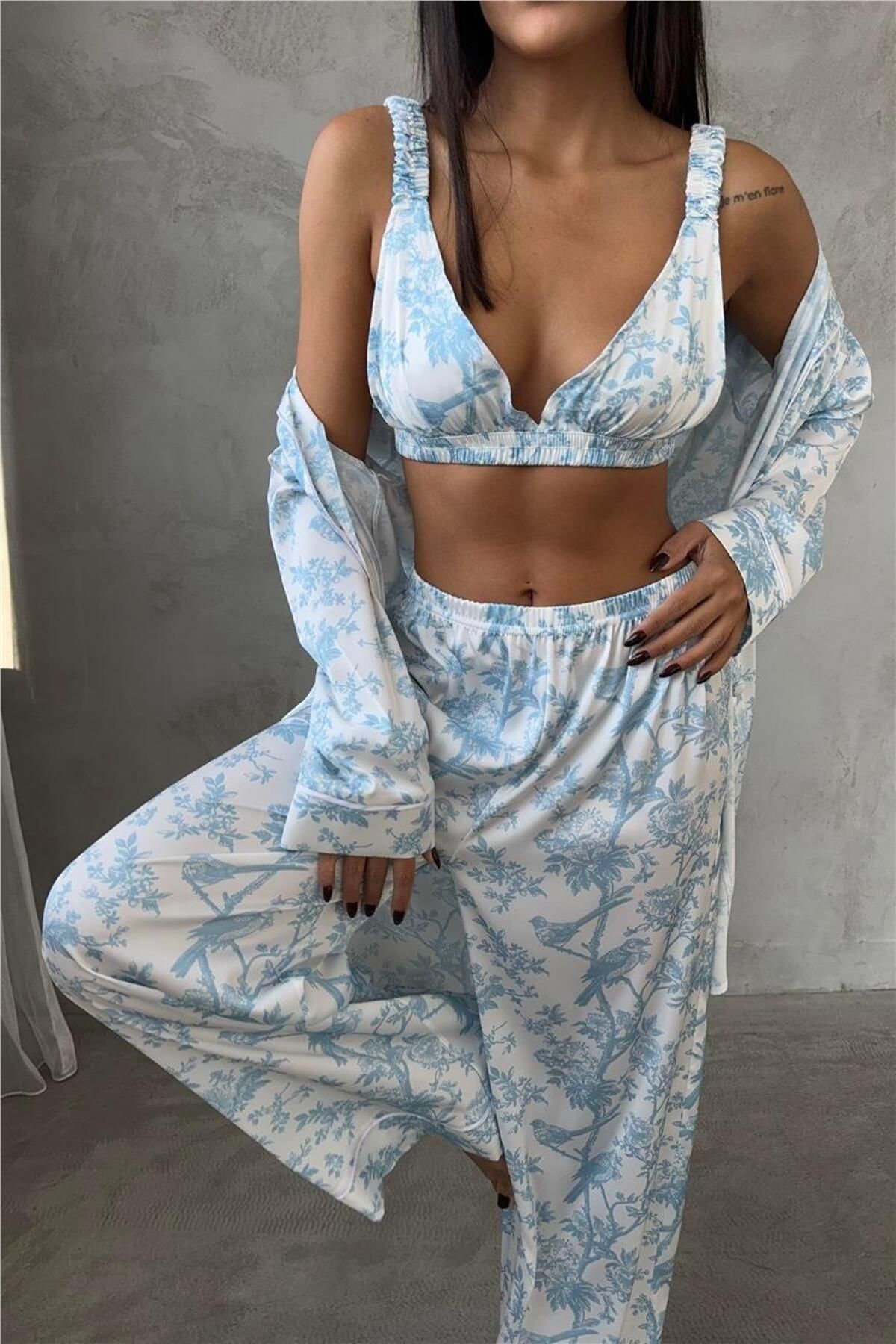 COCCOLARSI Alberi Blu Saten Uzun Üçlü Pijama Takımı