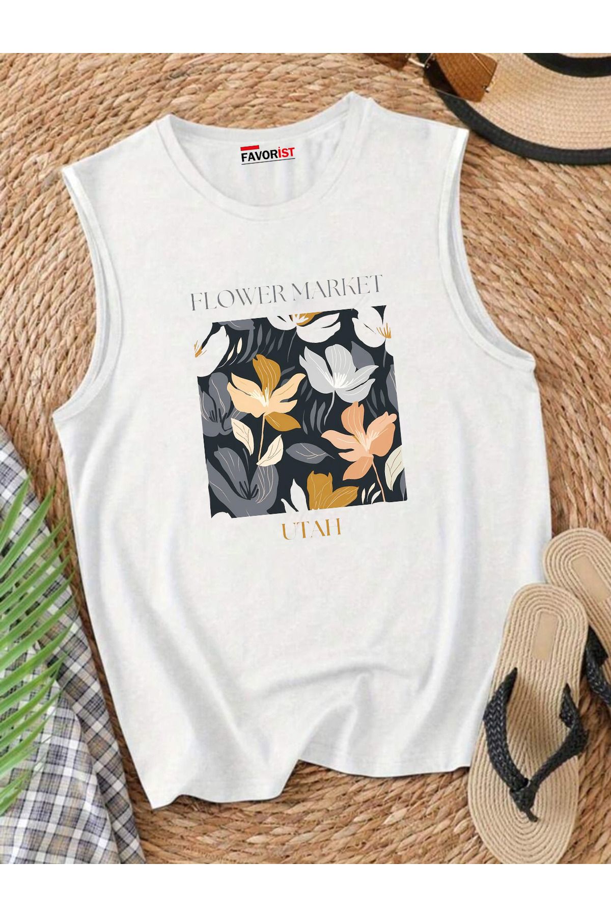 FAVORİST Şehrin Çiçekleri Omuzu Açık Kadın Pamuklu Kolsuz Yazlık T-shirt Atlet