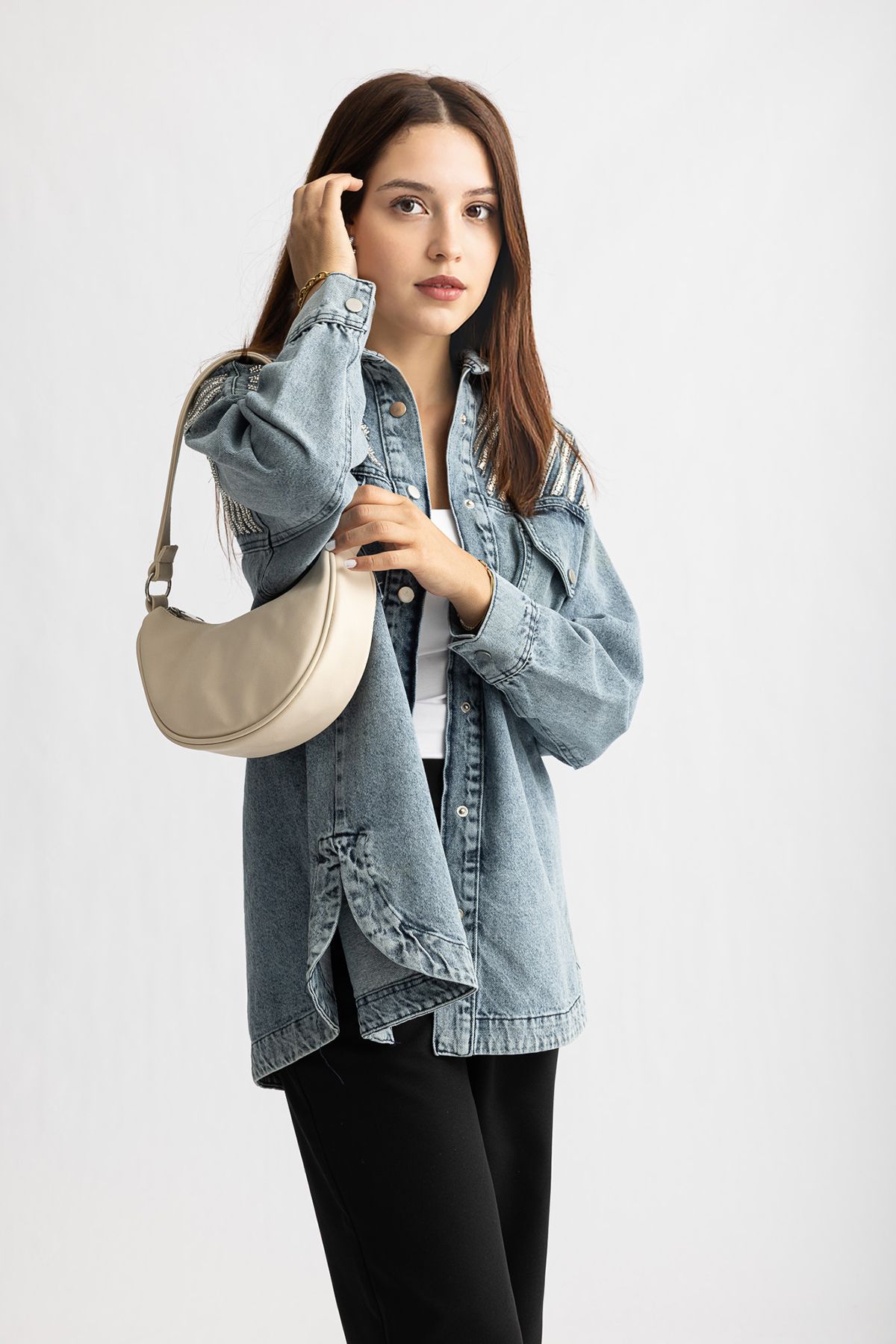 Suede Style 5507 - Boncuk İşlemeli Rahat Şık Kadın Kot Ceket