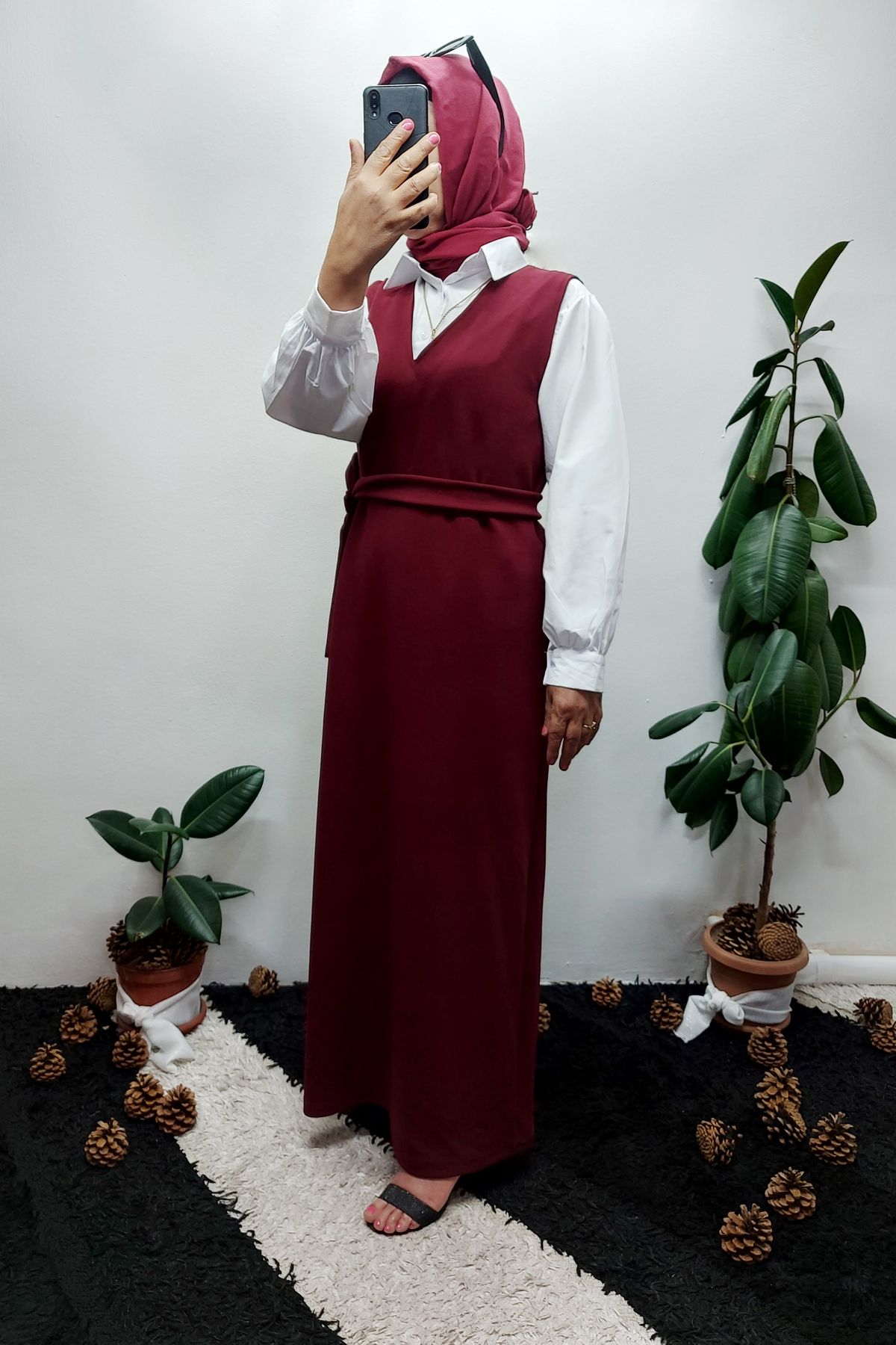 Azra Jile Elbise Bordo Örme Likralı Kumaş