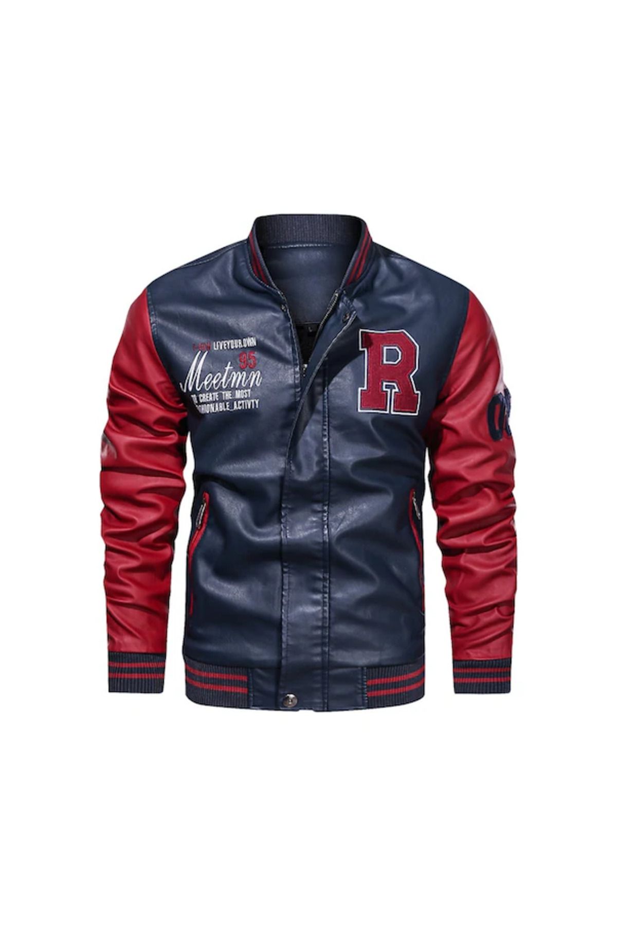 AyShop İlkbahar Sonbahar Tarz Old School Deri Ceket Bordo-Lacivert