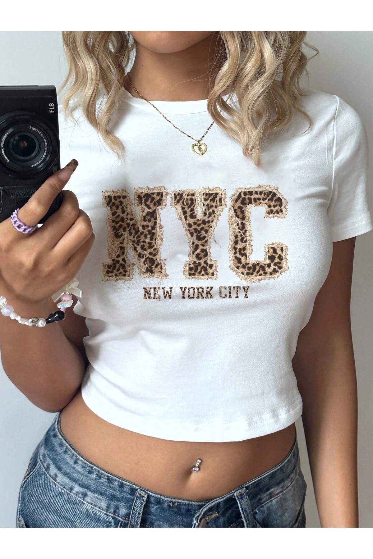 JANSO GROUP - KADIN KISA KOLLU CROP TSHIRT BASKILI NYC PAMUKLU PENYE KUMAŞ