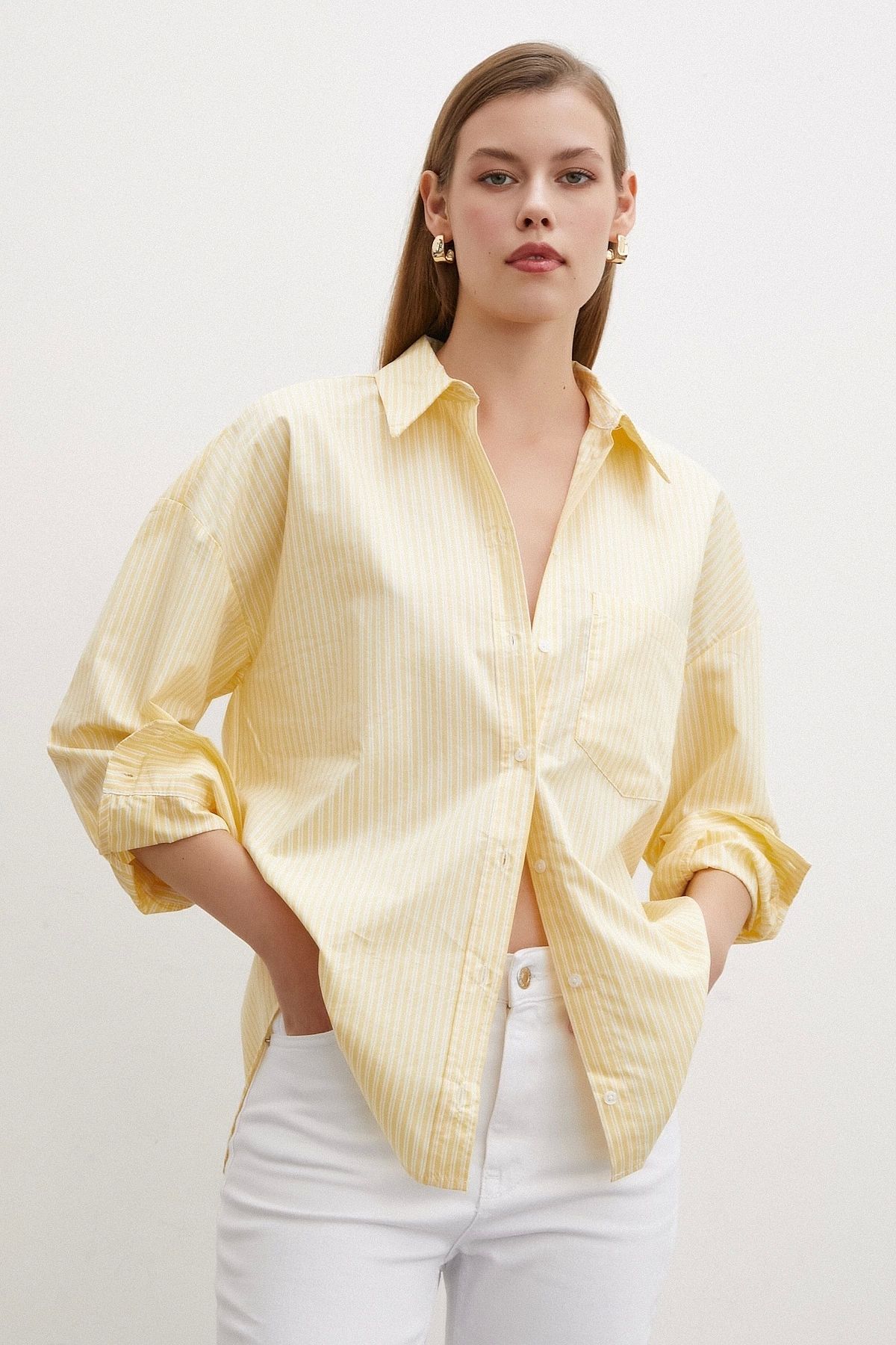TRENDQUEL Çift Çizgili Poplin Gömlek Sarı