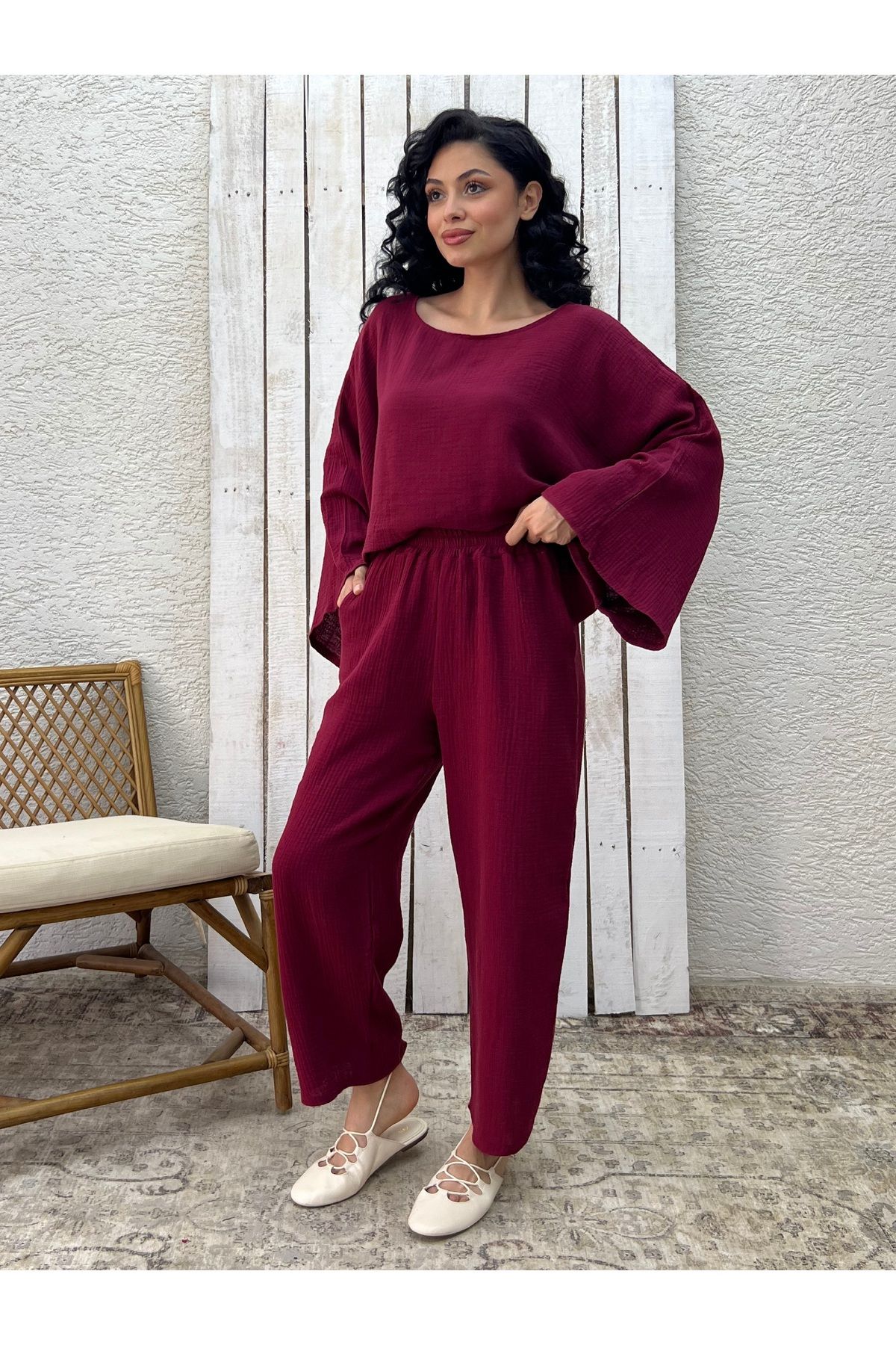KÜÇÜĞÜM BUTİK Bordo Müslin Pantolon Bluz İkili Takım (PANTOLON-BLUZ)
