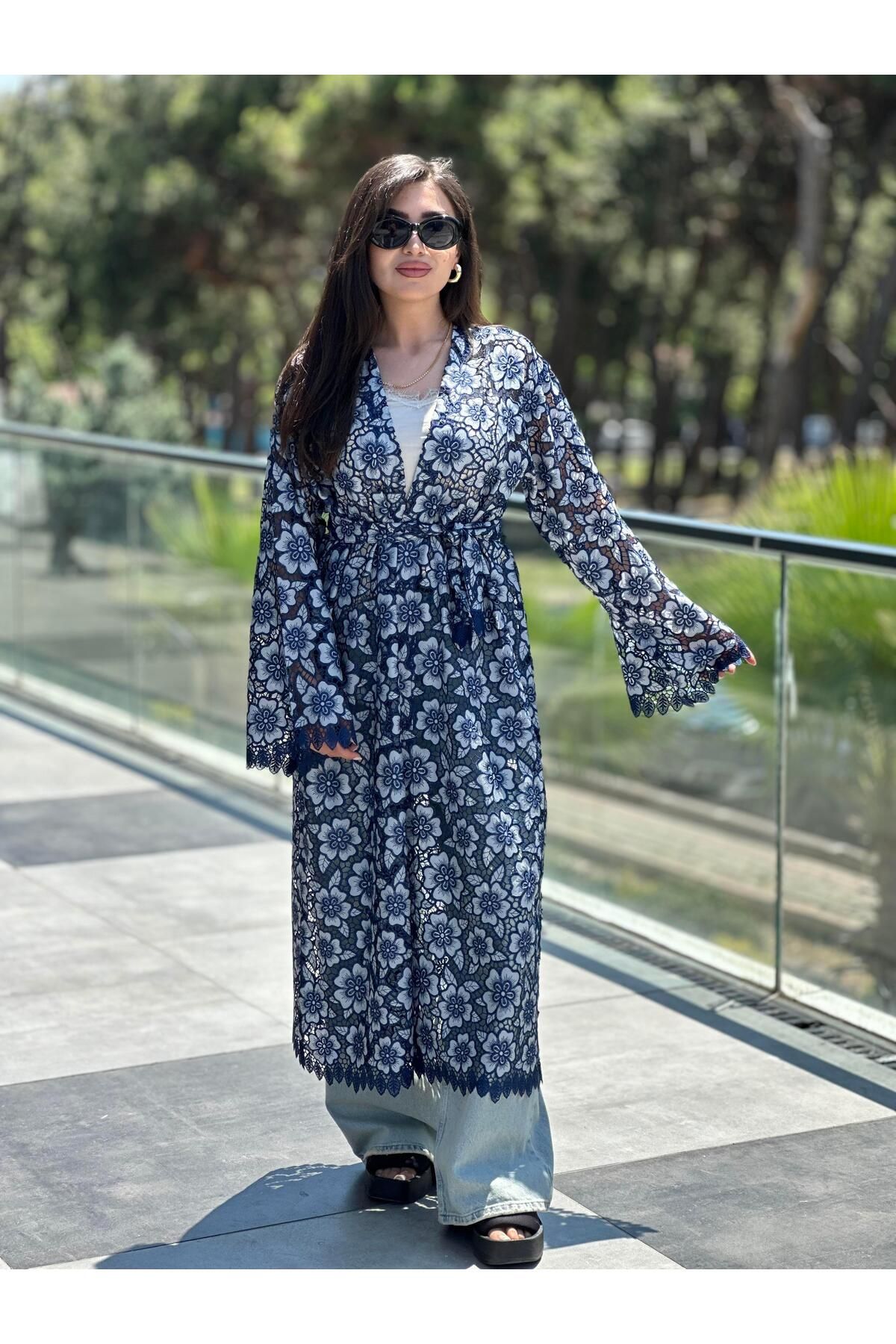 Ranasubaşı RS Dantelli Çiçekli Kimono Mavi