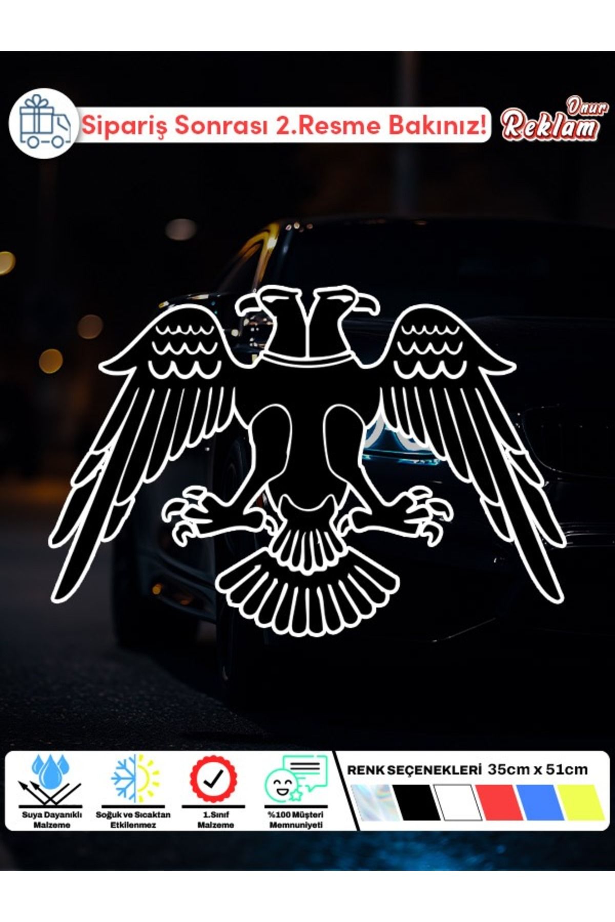 Onur Reklam Çift Başlı Kartal Sticker – Suya Dayanıklı Araç Camı ve Kaput Etiketi 35x51 cm – 6 Renk Seçeneği