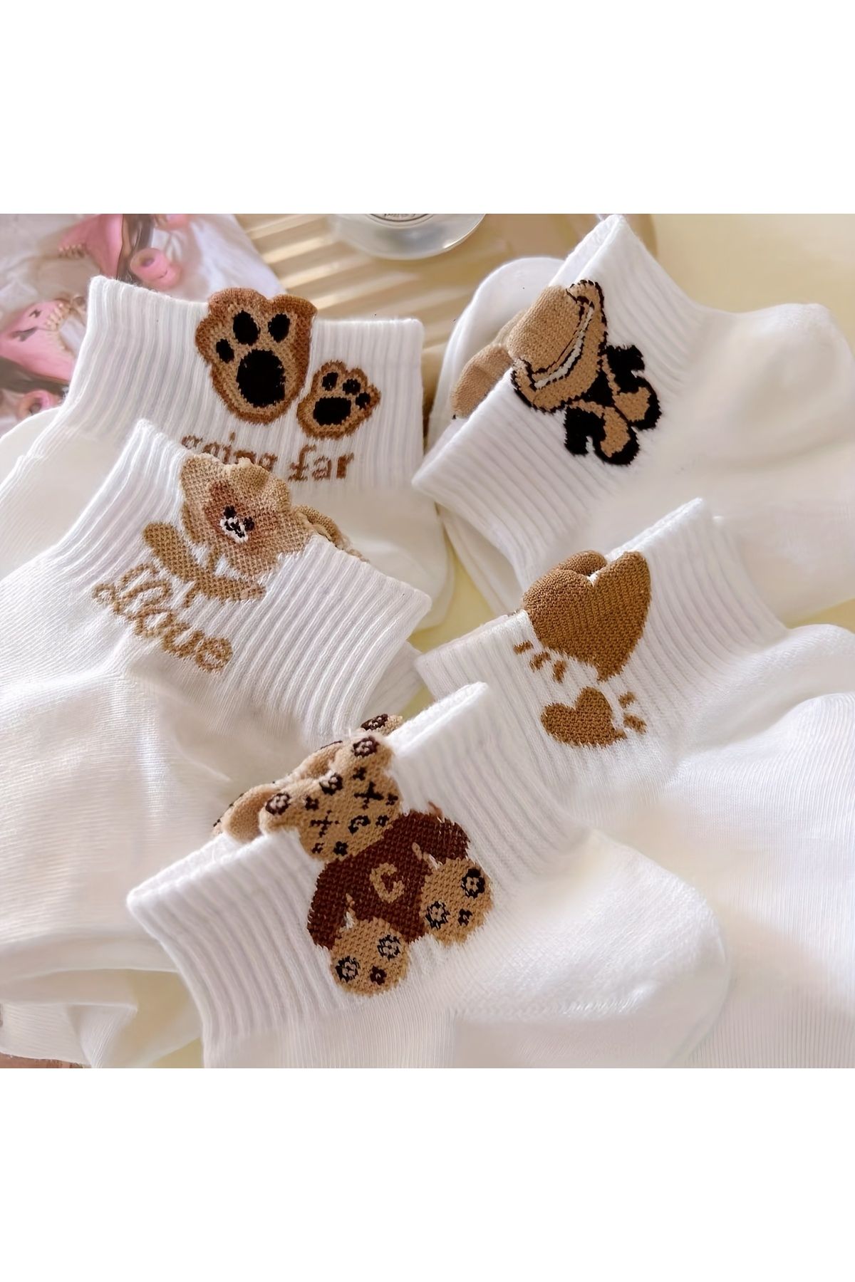 çorapmanya 5 Çift Ayı Desenli Çok Renkli Teddy Bear Kadın 3 Boyutlu Yarım Konç Kolej Çorap