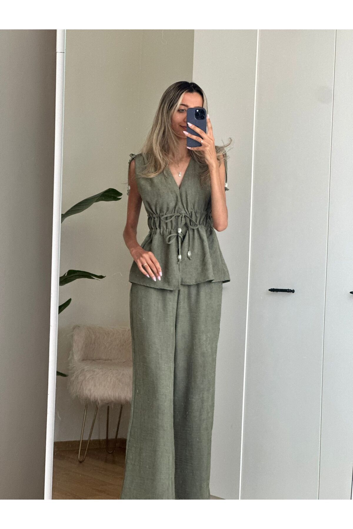 MODA Yeşil Keten Omuz Bel Büzgülü Bluz Pantolon Takım