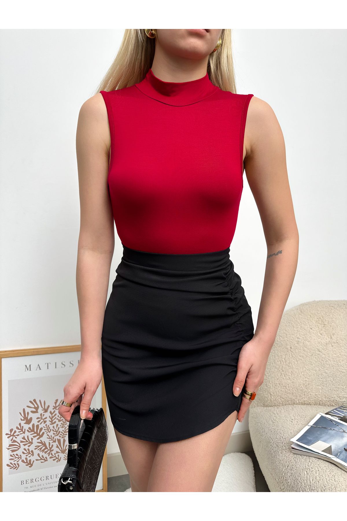 ladyzey kadın kırmızı balıkçı yaka kolsuz bluz