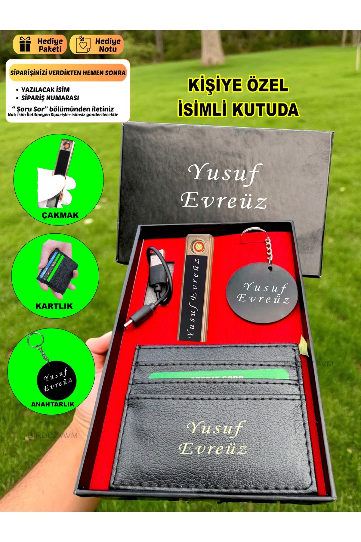 birdoz avm Kişiye Özel İsimli Siyah Şarjlı Lüks Çakmak & Kartlık & Anahtarlık 3 Lü Hediye Set Özel İsimli Kutu