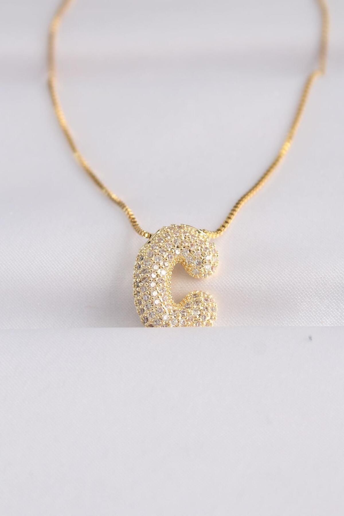 AfraBeauty 316L Çelik Zincirli Zirkon Taşlı C Harfli Gold Renk Bubble Kolye