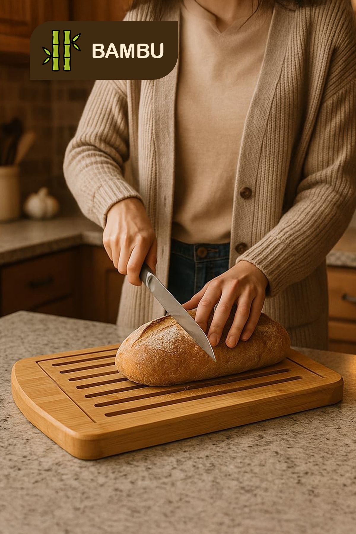 Fesya Home Bambu Tepsili Kesme Tahtası Hazneli Ekmek Kesme Tahtası