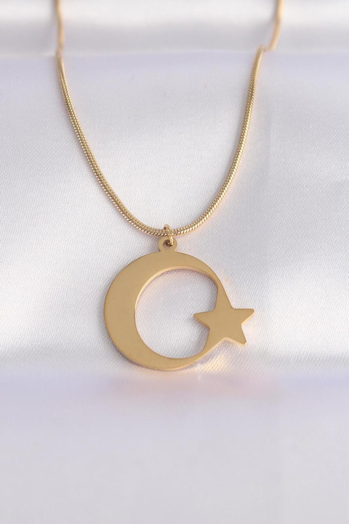 AfraBeauty 316L Çelik Zincir Gold Renk Ay Yıldız Unisex Kolye