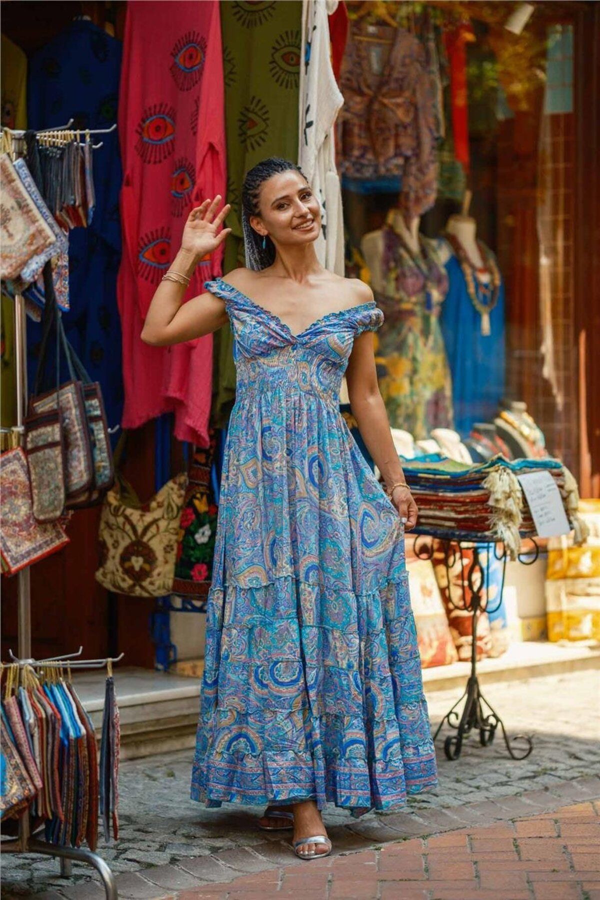 Miss Boheme Mavi Renk Madonna Yaka İpek Elbise