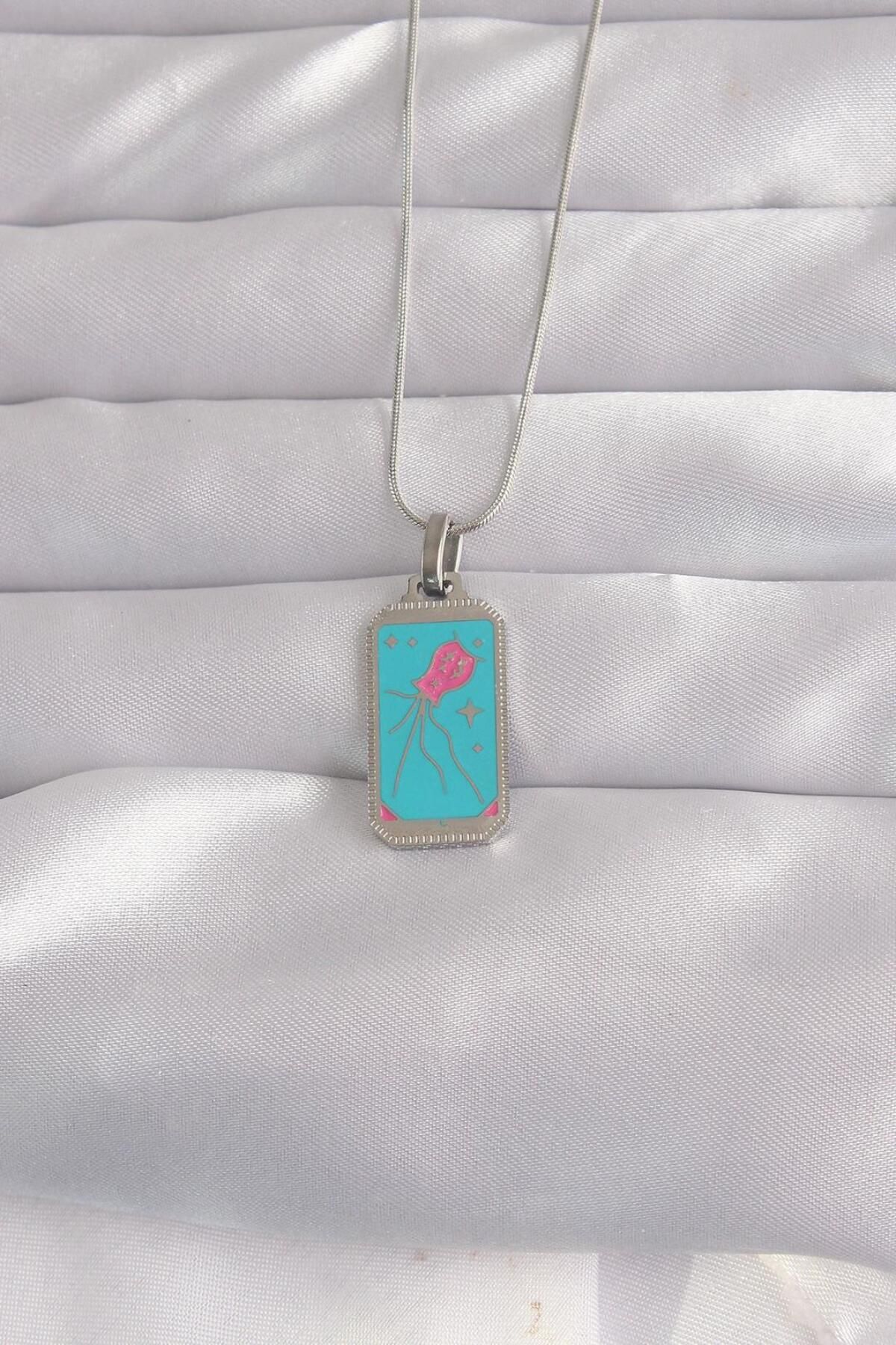 AfraBeauty 316L Çelik Gümüş Renk Mavi Mineli Tarot Kolye