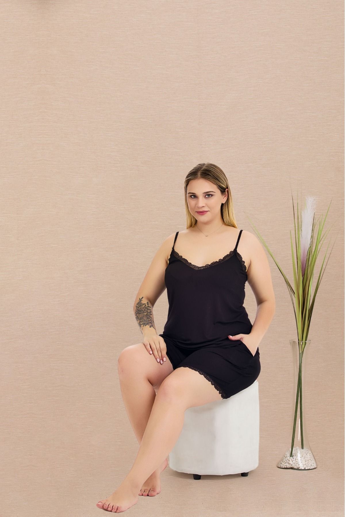 Lady Lingerie İp Askılı Battal Beden Şortlu Kadın Takım
